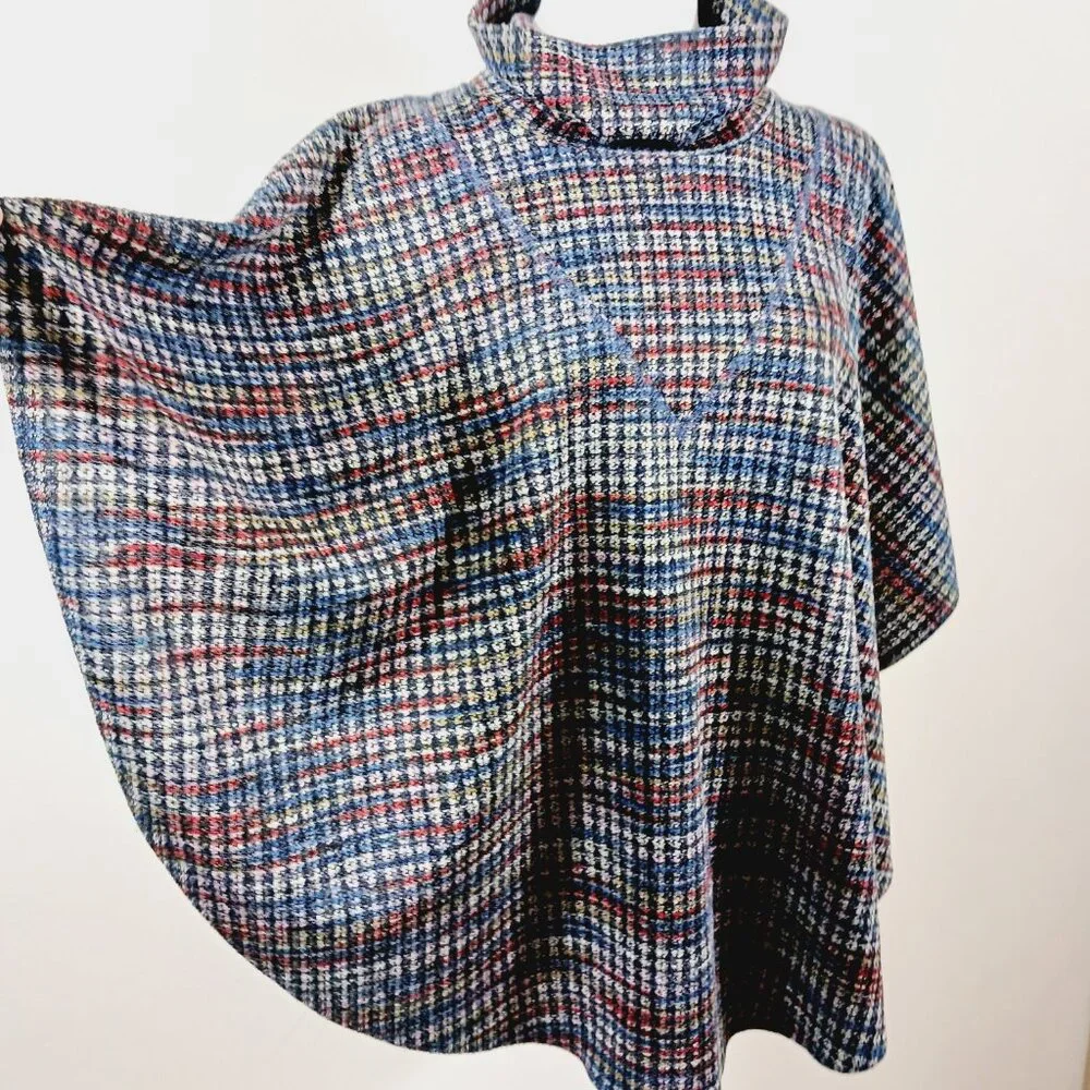 PURE essence Poncho, Denim Blue/Red/Gray, Cowl Neck, Size XL/TG, Layering Piece - Picture 5 of 10